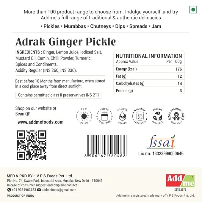 Label of Adrak Ginger Pickle with ingredients, nutritional information, and branding details.