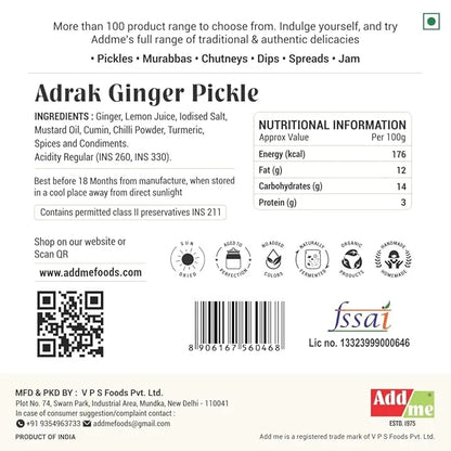 Label of Adrak Ginger Pickle with ingredients, nutritional information, and branding details.