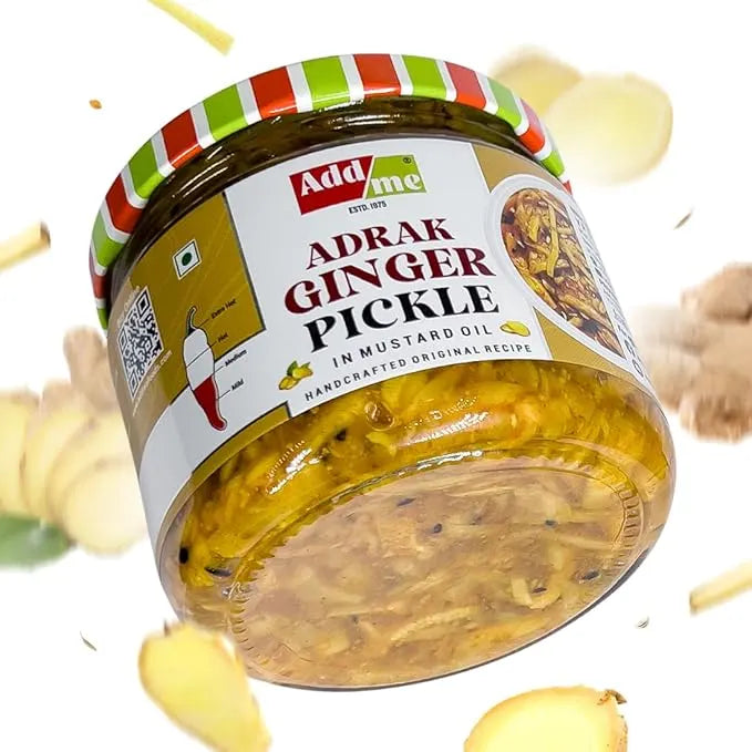 Jar of Adarak Ginger Pickle with a colorful lid on a white background