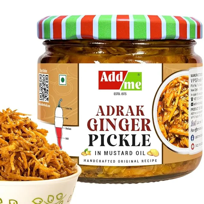 Jar of Adrak Ginger Pickle with a striped lid, Add Me brand label, and a bowl of pickles.