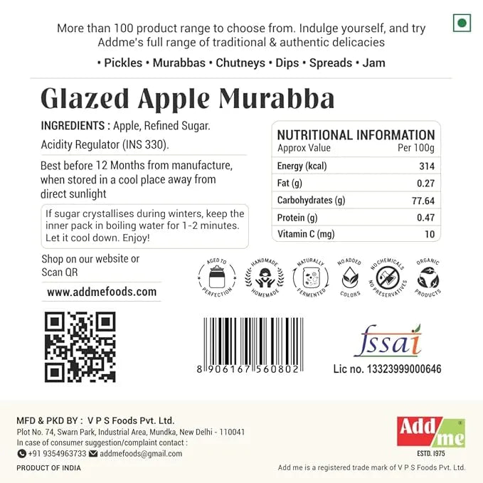 Add Me Foods: Back of a food packaging label for Glazed Apple Murabba with ingredients, nutritional information, and branding details.