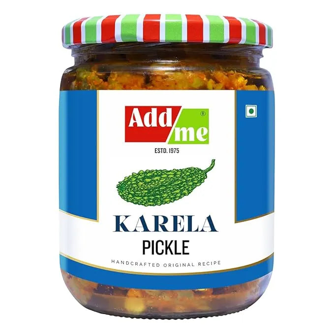 Jar of Add Me Karela Pickle with colorful lid on a white background