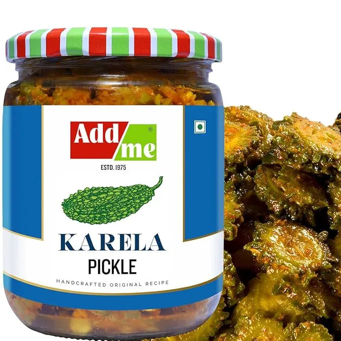 Jar of Add Me Karela Pickle with a close-up of pickles on a white background