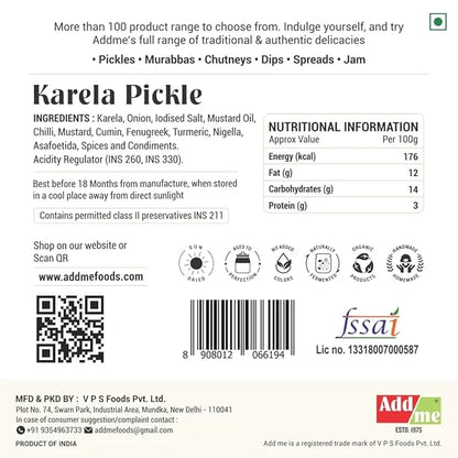 Karela pickle label with ingredients, nutritional information, and branding details.