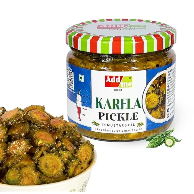 Jar of Adda Karela Pickle with a bowl of pickles on a white background