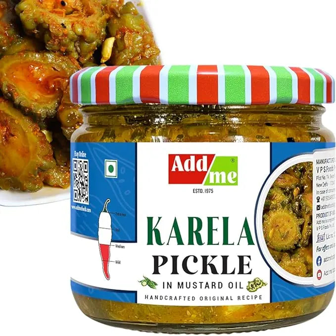 Jar of Adda Me Karela Pickle with a colorful lid on a white background