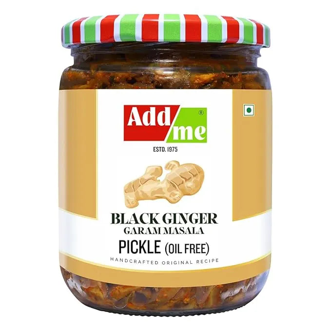 Jar of Add me Black Ginger Garam Masala Pickle with a colorful lid on a white background