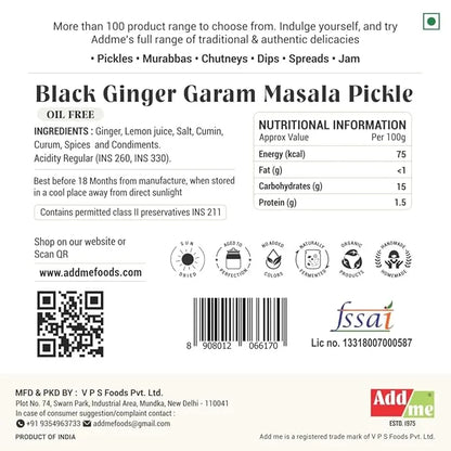Back label of Black Ginger Garam Masala Pickle with nutritional information and branding details.