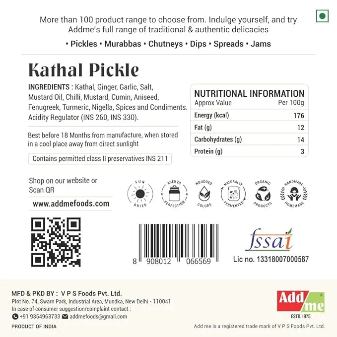 Kathal pickle label with ingredients, nutritional information, and branding details.