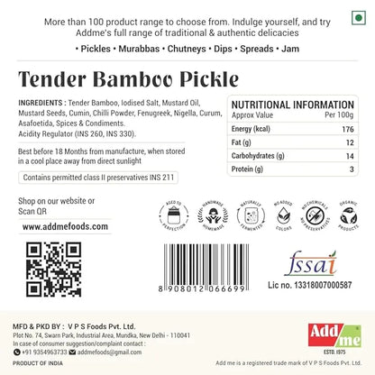 Back label of Tender Bamboo Pickle with ingredients, nutritional information, and branding details.