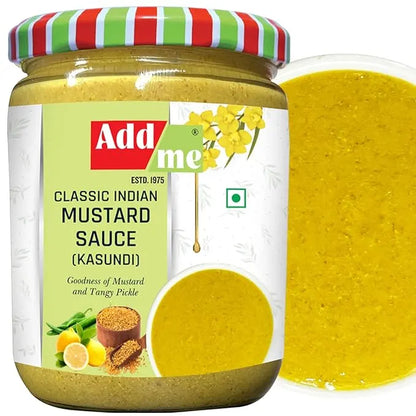 Jar of Add me Classic Indian Mustard Sauce with a colorful lid on a white background