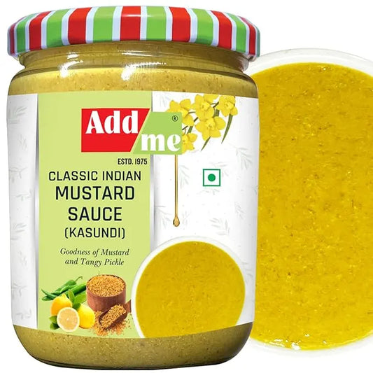 Jar of Add me Classic Indian Mustard Sauce with a colorful lid on a white background