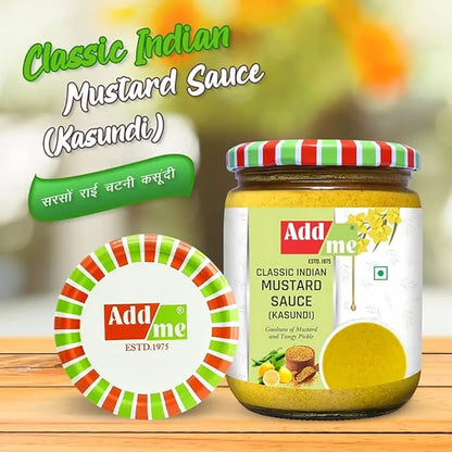 Jar of Add Me Classic Indian Mustard Sauce on a wooden surface with a blurred natural background