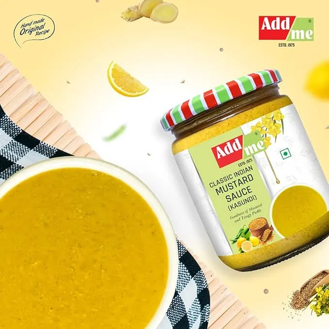 Jar of Add Me Classic Indian Mustard Sauce with a bowl of mustard sauce on a yellow background