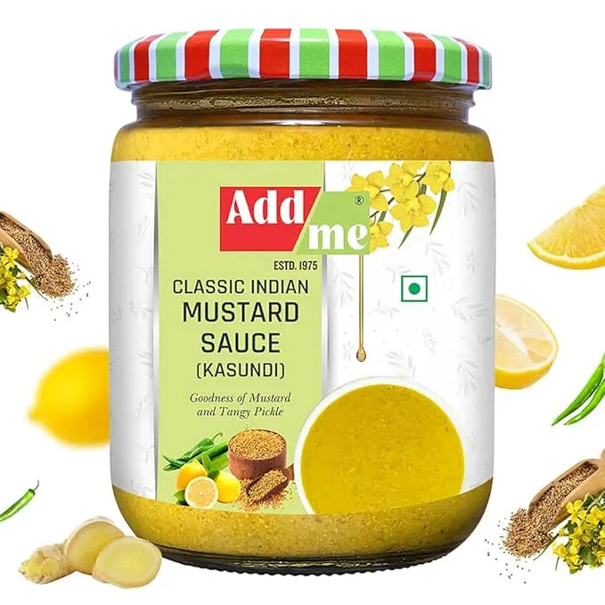Jar of Add Me Classic Indian Mustard Sauce with a colorful lid on a white background