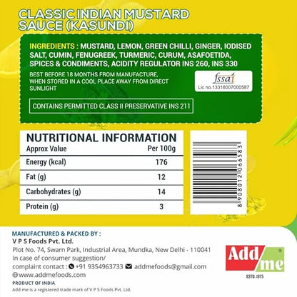 Label of Classic Indian Mustard Sauce with ingredients, nutritional information, and branding details.