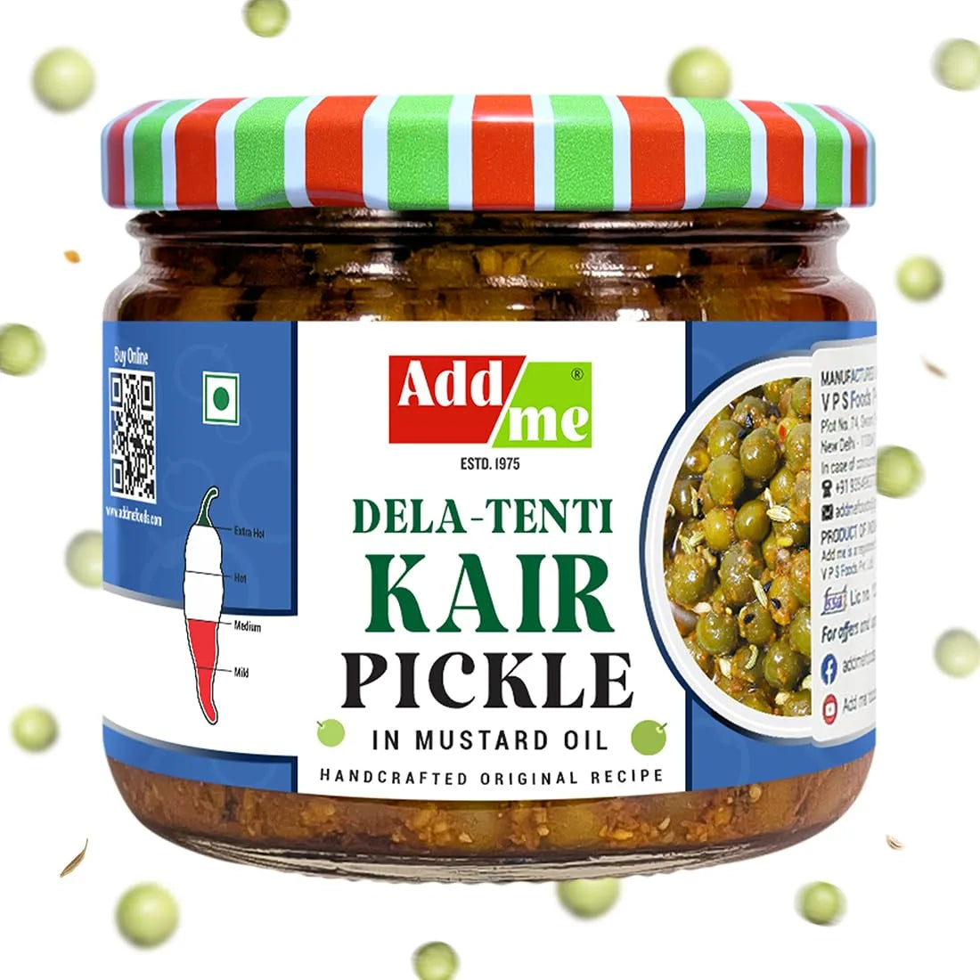 Jar of Add Me Dela-Tenti Kair Pickle with a colorful striped lid on a white background.