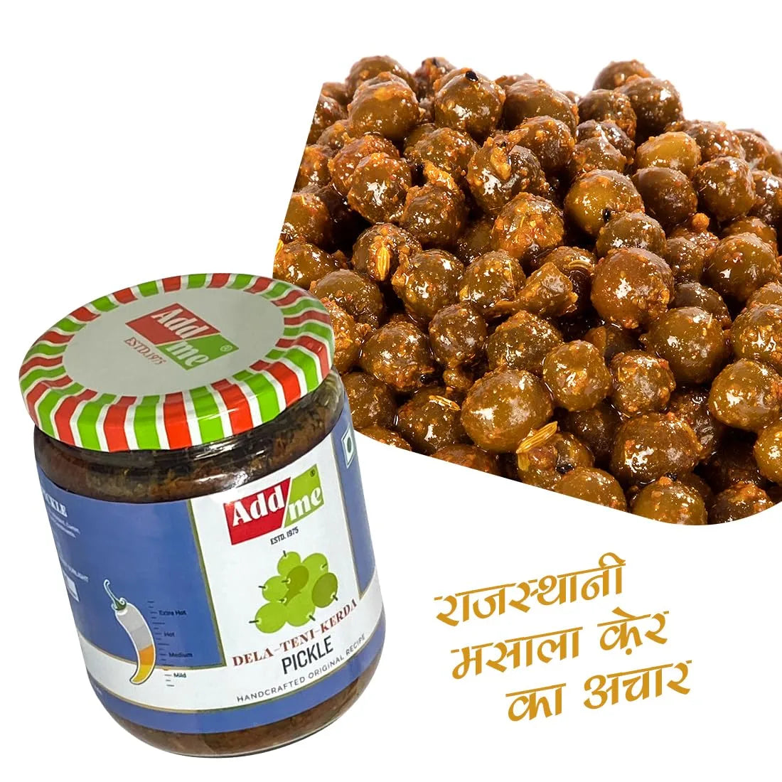 Jar of Add Me Dela Teni Pickle with a close-up of the pickles on a white background