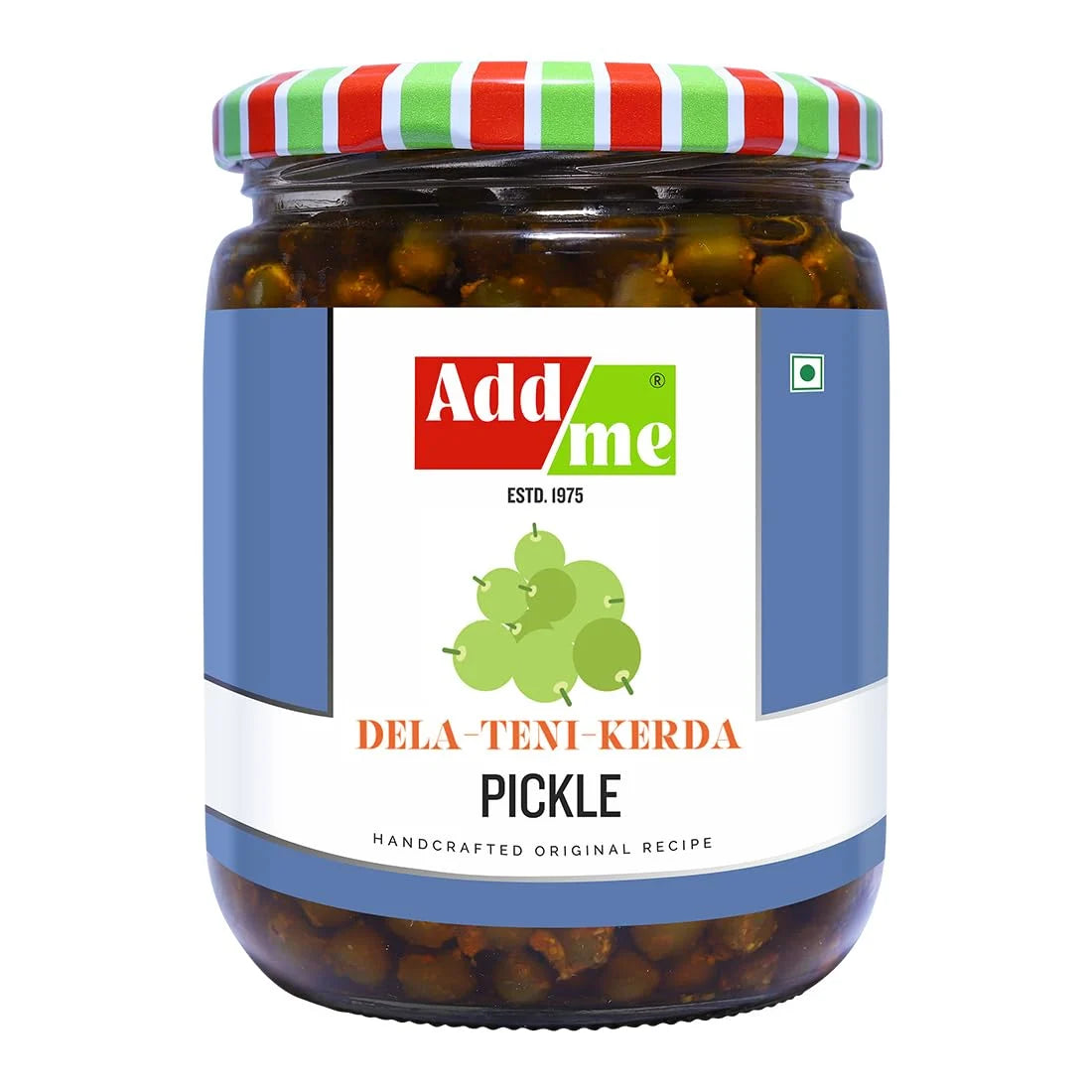 Jar of Add Me pickle with a colorful lid on a white background