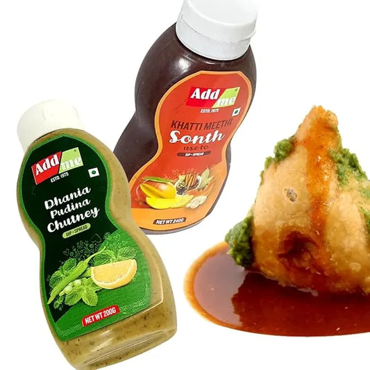 Add Me Foods: Three bottles of Adda brand chutneys with a samosa dipped in a red sauce on a white background.