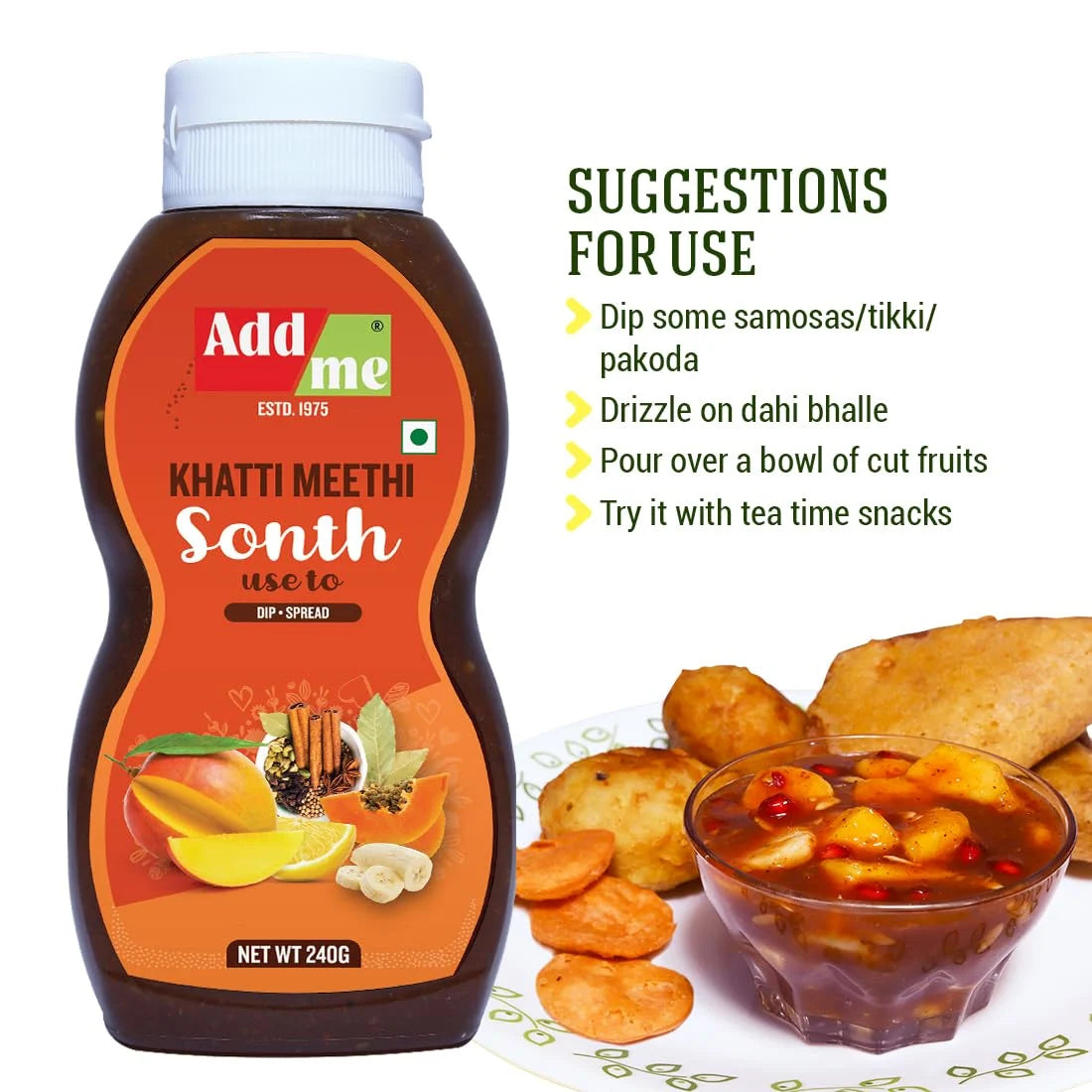 Add Me Foods: Bottle of Add Me Khatti Meethi Sonth with suggestions for use on a white background