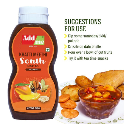 Add Me Foods: Bottle of Add Me Khatti Meethi Sonth with suggestions for use on a white background