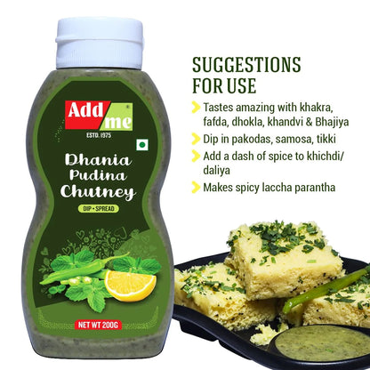 Add Me Foods: Bottle of Add Some Dhania Pudina Chutney with suggestions for use on a white background