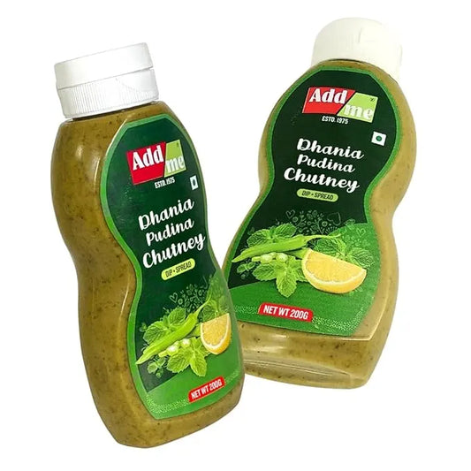 Two bottles of Add Me Dhania Pudina Chutney on a white background