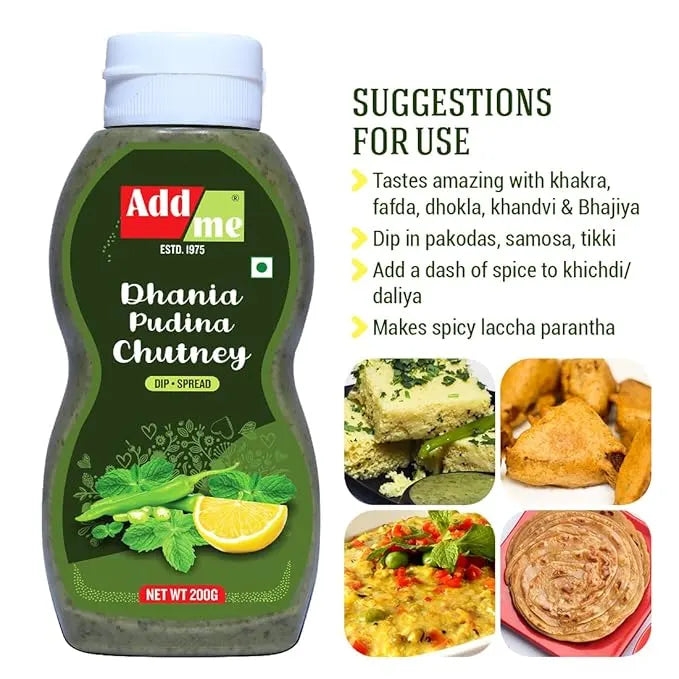 Add some Dhania Pudina Chutney bottle with usage suggestions on a white background