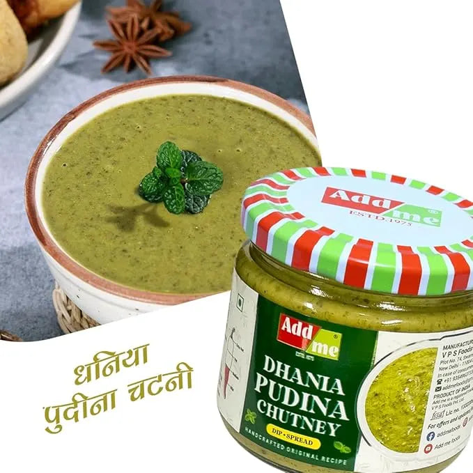 Jar of Add Me Dhania Pudina Chutney with a bowl of chutney on a gray surface.