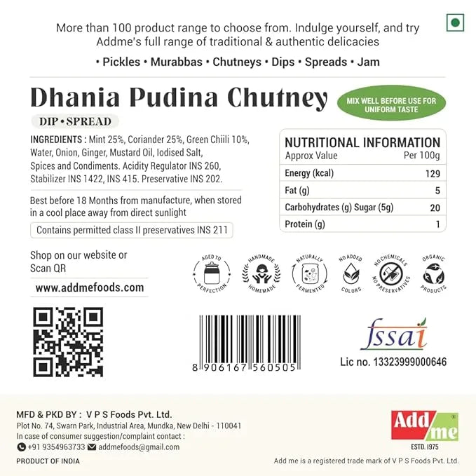 Dhania Pudina Chutney label with nutritional information, ingredients, and branding details.