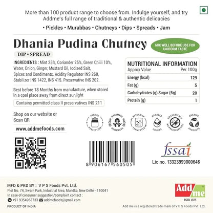 Dhania Pudina Chutney label with nutritional information, ingredients, and branding details.