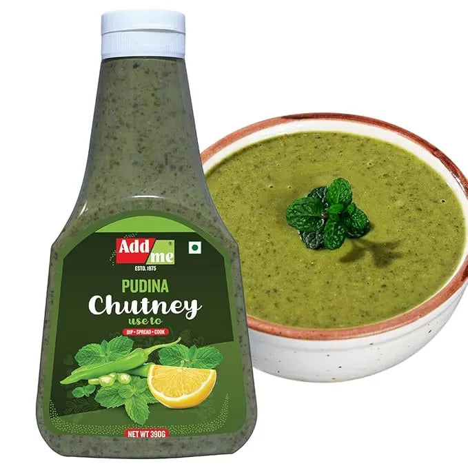 Addaone Pudina Chutney bottle with a bowl of chutney on a white background