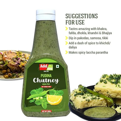 Pudina Chutney bottle with suggestions for use on a white background