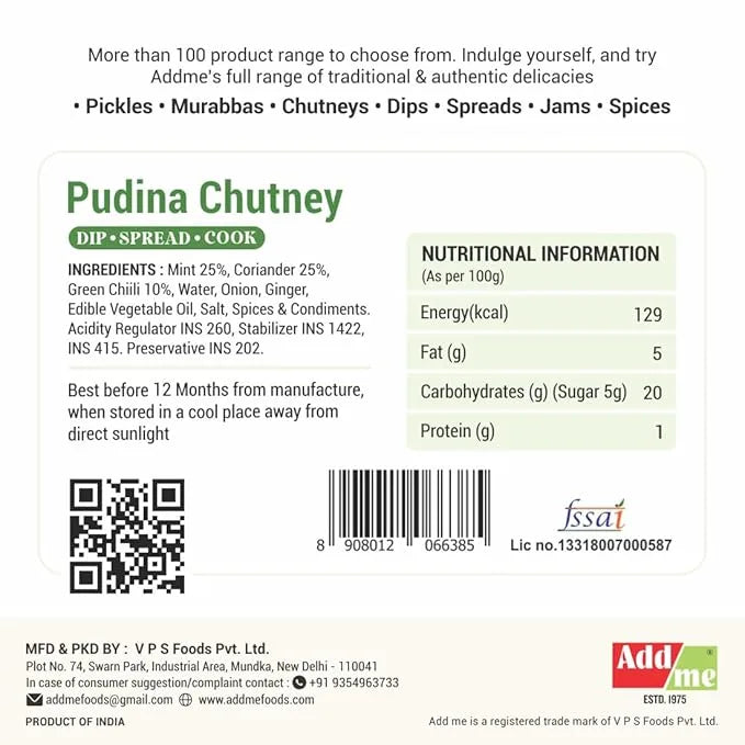 Label for Pudina Chutney with ingredients, nutritional information, and Addme branding.