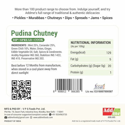 Label for Pudina Chutney with ingredients, nutritional information, and Addme branding.