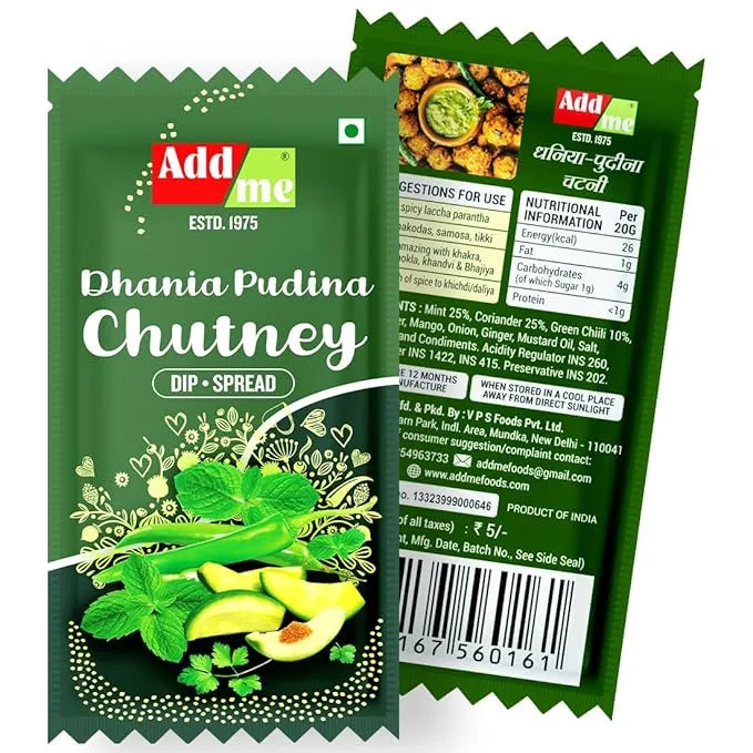 Add Me Foods: Green packaging of Add Me Phania Pudina Chutney with branding and product details.