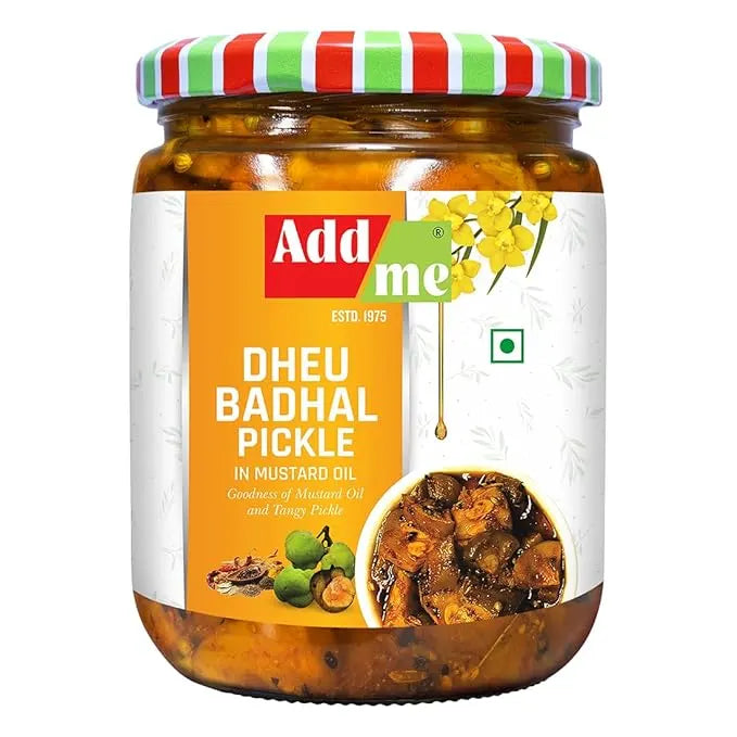 Jar of Dheu Badhal Pickle with Add Me label on a white background