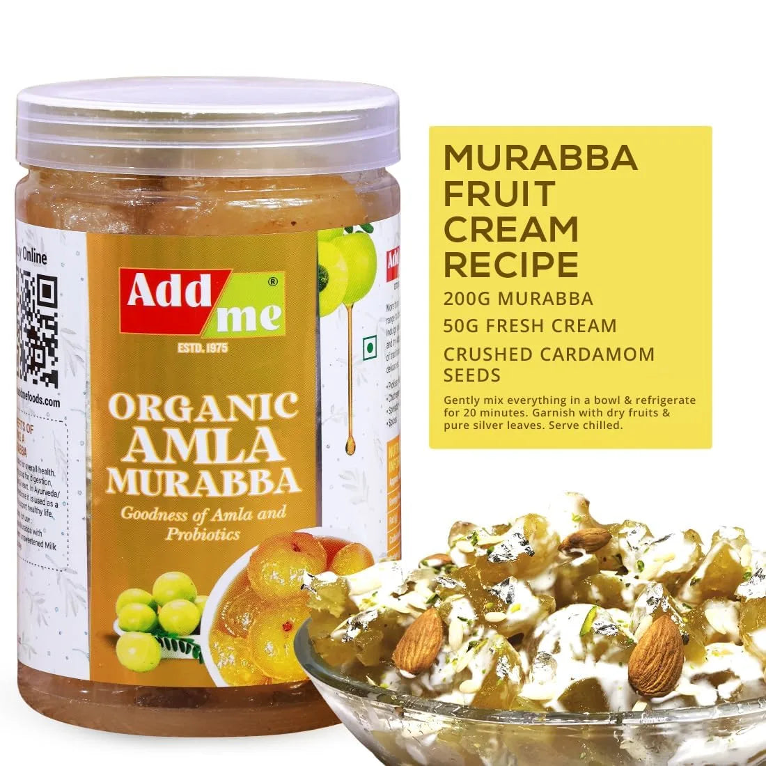 Jar of Add Me Organic Amla Murabba with a bowl of fruit cream recipe on a white background