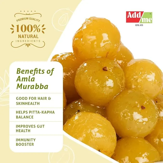 Amla Murabba with benefits listed on a yellow background, featuring Addme brand.