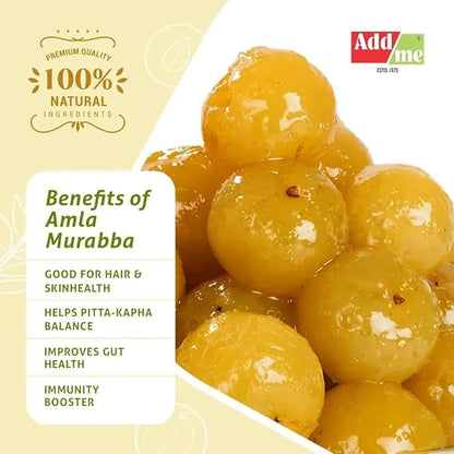 Amla Murabba with benefits listed on a yellow background, featuring Addme brand.