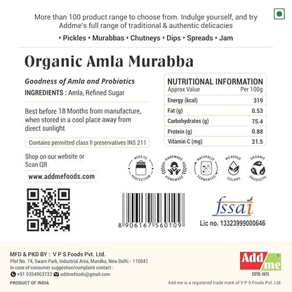 Label of Organic Amla Murabba with nutritional information, ingredients, and branding details.