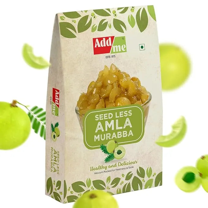 Add Me Foods: Packaging of Add Me Seed Less Amla Murabba with a bowl of green fruit on a white background.