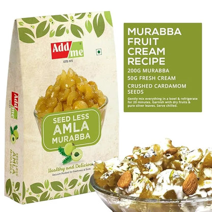 Add Me Foods: Box of Add Me Seed Less Amla Murabba with a bowl of fruit cream recipe on a white background