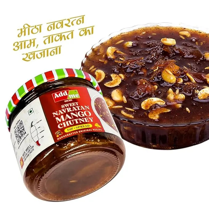 Jar of Add Me Sweet Navratan Mango Chutney with a bowl of chutney on a white background, mango chutney