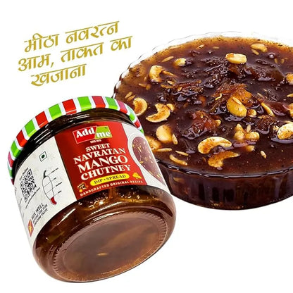 Jar of Add Me Sweet Navratan Mango Chutney with a bowl of chutney on a white background, mango chutney