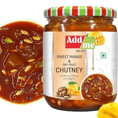 Jar of Add me Sweet Mango & Dry Fruit Chutney with a close-up of chutney on a white background
