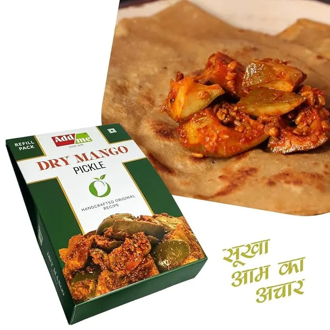 Dry mango pickle packaging with a side of pickle on a tortilla