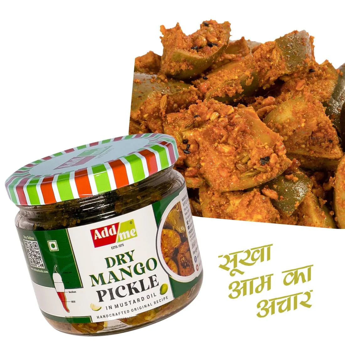 Jar of Addme Dry Mango Pickle with a side of pickled mangoes on a white background