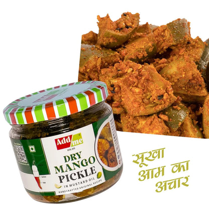 Jar of Addme Dry Mango Pickle with a side of pickled mangoes on a white background